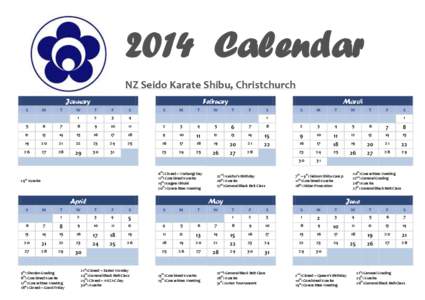 2014 Calendar NZ Seido Karate Shibu, Christchurch January S  M