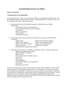 Essential Infrastructure for Hailey Project Components: 1. Identify partners and stakeholders Every person who lives, works, or owns property in Hailey is a stakeholder in this discussion. We have identified specific gro