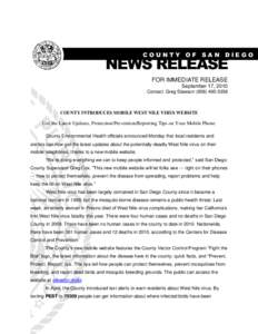 COUNTY OF SAN DIEGO  NEWS RELEASE FOR IMMEDIATE RELEASE September 17, 2010 Contact: Greg Slawson[removed]