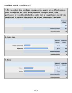 SONDAGE SUR LE VIRAGE SANTÉ  1. En répondant à ce sondage, vous pourriez gagner un certificat cadeau pour un déjeuner au Tifosi. Pour participer, indiquez votre code permanent si vous êtes étudiant ou votre nom si 