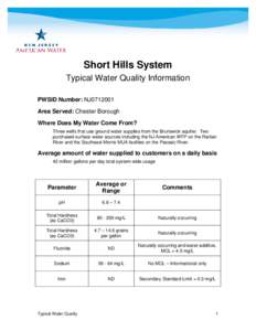Short Hills System Typical Water Quality Information PWSID Number: NJ0712001 Area Served: Chester Borough Where Does My Water Come From? Three wells that use ground water supplies from the Brunswick aquifer. Two