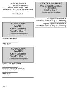 OFFICIAL BALLOT CITY OF LEWISBURG MUNICIPAL ELECTION MARSHALL COUNTY, TENNESSEE MAY 5, 2015