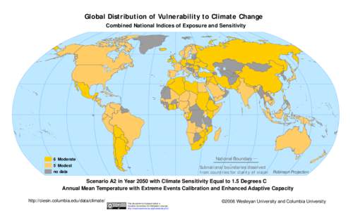 Global Distribution of Vulnerability to Climate Change Combined National Indices of Exposure and Sensitivity National Boundary  6 Moderate