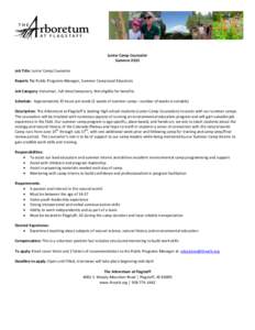 Junior Camp Counselor Summer 2015 Job Title: Junior Camp Counselor Reports To: Public Programs Manager, Summer Camp Lead Educators Job Category: Volunteer, full-time/temporary. Not eligible for benefits Schedule: Approxi