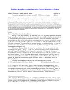 Southern Campaign American Revolution Pension Statements & Rosters Pension application of Joseph Dawkins 1 W8665 Transcribed by Wally Waits as supplemented by Will Graves (in italics) f38NC[Sic SC[removed]