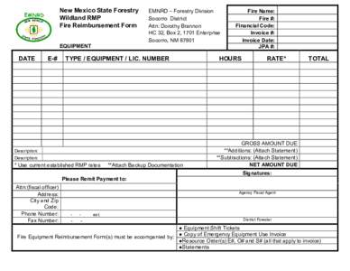 New Mexico State Forestry  Wildland RMP  Fire Reimbursement Form  EMNRD – Forestry Division  Socorro  District 