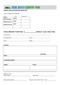 ANNUAL PASS APPLICATION FORM 2015 I wish to apply for the following: Ticket One Car (up to 5 people) Additional Person