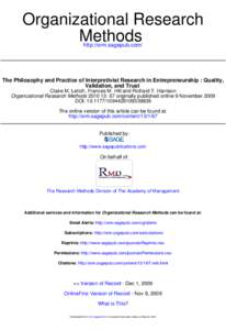 Organizational Research Methods http://orm.sagepub.com/ The Philosophy and Practice of Interpretivist Research in Entrepreneurship : Quality, Validation, and Trust