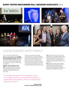 BANFF CENTRE MIDSUMMER BALL WEEKEND HIGHLIGHTS[removed]UNPRECEDENTED ARTIST IMPACT The July 18-20, 2014 Banff Centre Midsummer Ball Weekend raised $1.285 million, making it the most successful in