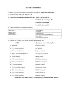 EEO PUBLIC FILE REPORT  This Report covers full-time vacancy recruitment data for the period: May 23, 2014 – May 22, Employment Unit: CBS Radio – Cleveland, OH 2) Unit Members (Stations and Communities of Lic