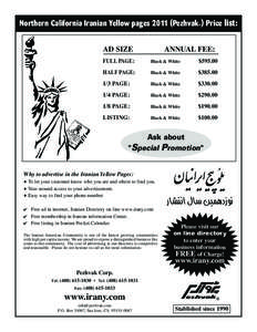 Northern California Iranian Yellow pages[removed]Pezhvak ) Price list: ® AD SIZE  ANNUAL FEE: