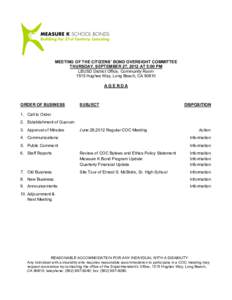    	
   MEETING OF THE CITIZENS’ BOND OVERSIGHT COMMITTEE THURSDAY, SEPTEMBER 27, 2012 AT 5:00 PM LBUSD District Office, Community Room