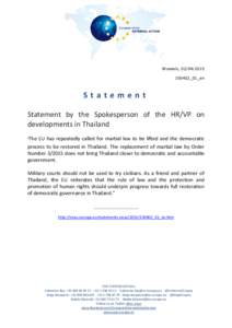 Brussels, 150402_01_en Statement Statement by the Spokesperson of the HR/VP on developments in Thailand