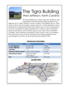 The Tigra Building West Jefferson, North Carolina The Tigra Building is a twelve year-old, 25,000 sq. feet stand-alone manufacturing facility located off US Highway 221 in West Jefferson, North Carolina. The building sit