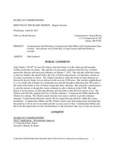 BOARD OF COMMISSIONERS MINUTES OF THE BOARD SESSION – Regular Session Wednesday, April 20, 2011 9:00 a.m. Board Session  Commissioners’ Board Room