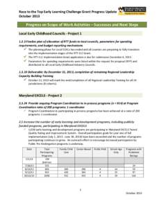 Race to the Top Early Learning Challenge Grant Progress Update October 2013 Progress on Scope of Work Activities – Successes and Next Steps Local Early Childhood Councils - Project[removed]Finalize plan of allocation o