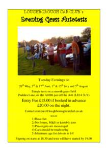 LOUGHBOROUGH CAR CLUB’s  Evening Grass Autotests Tuesday Evenings on 20th May, 3rd & 17th June, 1st & 15th July and 5th August