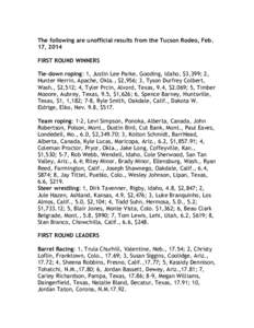 The following are unofficial results from the Tucson Rodeo, Feb. 17, 2014 FIRST ROUND WINNERS Tie-down roping: 1, Justin Lee Parke, Gooding, Idaho, $3,399; 2, Hunter Herrin, Apache, Okla., $2,956; 3, Tyson Durfrey Colber