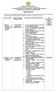 REPUBLIC OF THE PHILIPPINES NATIONAL HOME MORTGAGE FINANCE CORPORATION 4/F Filomena Building III, 104 Amorsolo St., Legaspi Village, Makati City Telephone No15-01localINVITATION TO BID The Nation