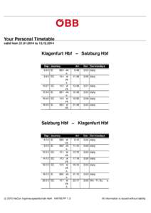 Your Personal Timetable valid from[removed]to[removed]Klagenfurt Hbf – Salzburg Hbf Dep Journey 6:45 IC
