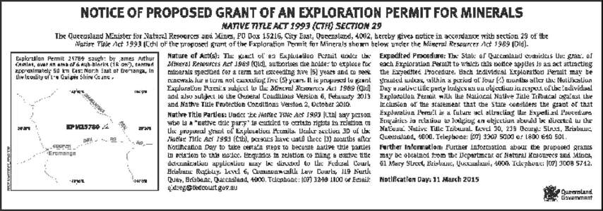 Notice of proposed grant of Exploration Permit for Minerals 25789, Native Title ActCth) Section 29