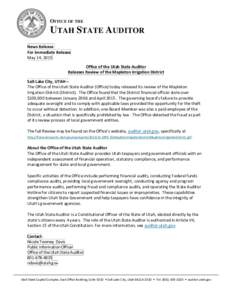 OFFICE OF THE  UTAH STATE AUDITOR News Release For Immediate Release May 14, 2015