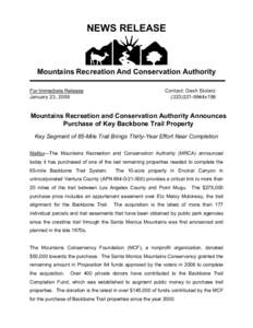 NEWS RELEASE  Mountains Recreation And Conservation Authority For Immediate Release January 23, 2008