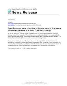 Oregon Department of Environmental Quality  News Release Dec. 30, 2014 Contacts: Steve Siegel, Environmental Law Specialist, [removed]