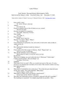 Author William  Early Settlers’ Personal History Questionnaire, WPA Interviewed by Johnny L. Selby Crawford County, Ark. December 17, [removed]Transcribed by Andrea E. Cantrell, University of Arkansas Libraries, 2003. Se