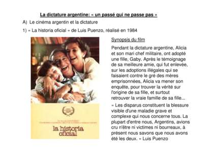 La dictature argentine: « un passé qui ne passe pas » A) Le cinéma argentin et la dictature 1) « La historia oficial » de Luis Puenzo, réalisé en 1984