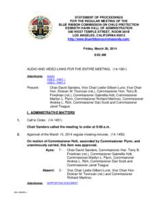 STATEMENT OF PROCEEDINGS FOR THE REGULAR MEETING OF THE BLUE RIBBON COMMISSION ON CHILD PROTECTION KENNETH HAHN HALL OF ADMINISTRATION 500 WEST TEMPLE STREET, ROOM 381B LOS ANGELES, CALIFORNIA 90012