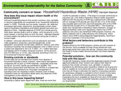 Environmental Sustainability for the Salina Community Community concern or issue: Household Hazardous Waste (HHW) improper disposal  How does this issue impact citizen health or the