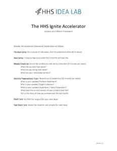 The HHS Ignite Accelerator Syllabus and 3 Month Framework Broadly, the accelerator framework breaks down as follows: Pre-Boot Camp: Do a couple of interviews. Start to understand what we’re about. Boot Camp: 3 days to 