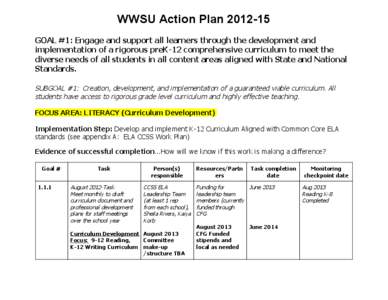 WWSU Action Plan 2012­15 GOAL #1: Engage and support all learners through the development and implementation of a rigorous preK­12 comprehensive curriculum to meet the diverse needs of all stu