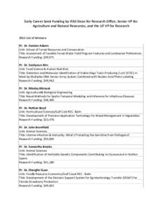 Early Career Seed Funding by IFAS Dean for Research Office, Senior VP for Agriculture and Natural Resources, and the UF VP for Research 2015 List of Winners: PI: Dr. Damian Adams Unit: School of Forest Resources and Cons