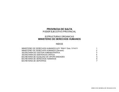 PROVINCIA DE SALTA PODER EJECUTIVO PROVINCIAL ESTRUCTURAS ORGANICAS MINISTERIO DE DERECHOS HUMANOS INDICE