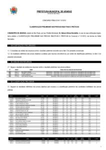 PREFEITURA MUNICIPAL DE ARARAS ESTADO DE SÃO PAULO CONCURSO PÚBLICO N.º CLASSIFICAÇÃO PRELIMINAR NAS PROVAS OBJETIVAS E PRÁTICAS O MUNICÍPIO DE ARARAS, estado de São Paulo, por seu Prefeito Municipal, Dr.