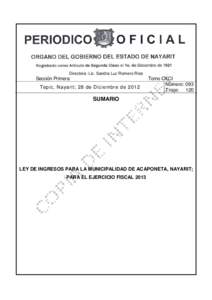 Directora: Lic. Sandra Luz Romero Ríos  Sección Primera Tepic, Nayarit; 28 de Diciembre de[removed]Tomo CXCI