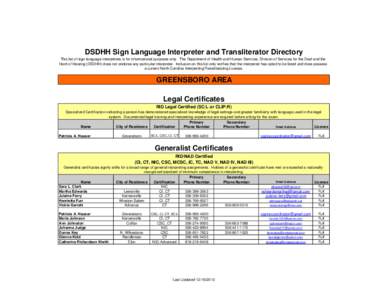 DSDHH Sign Language Interpreter and Transliterator Directory This list of sign language interpreters is for informational purposes only. The Department of Health and Human Services, Division of Services for the Deaf and 