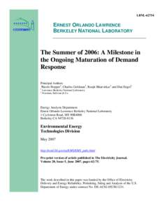 The Summer of 2006: A Milestone in the Ongoing Maturation of Demand Response