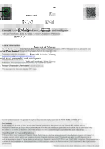 Journal of Managerial Psychology Emerald Article: Managerial level, personality and intelligence Adrian Furnham, John Crump, Tomas Chamorro-Premuzic Article information: To cite this document: Adrian Furnham, John Crump,