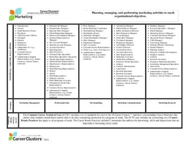 Planning, managing, and performing marketing activities to reach organizational objectives. Sample Career Specialties / Occupations  •