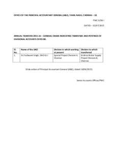 OFFICE OF THE PRINCIPAL ACCOUNTANT GENERAL (A&E), TAMIL NADU, CHENNAI – 18. PWC II/DA I DATED:- ANNUAL TRANSFER – GENERAL ORDER INDICATING TRANSFERS AND POSTINGS OF DIVISIONAL ACCOUNTS OFFICERS.