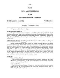 - [removed]No. 92 VOTES AND PROCEEDINGS of the YUKON LEGISLATIVE ASSEMBLY