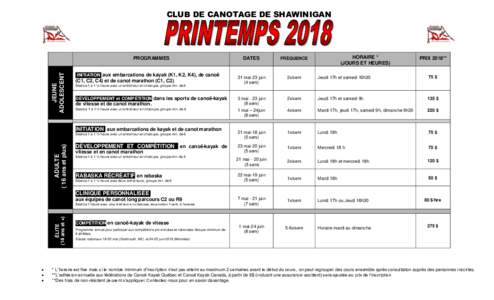 CLUB DE CANOTAGE DE SHAWINIGAN  JEUNE ADOLESCENT  PROGRAMMES