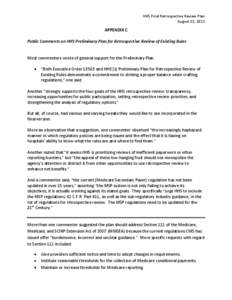 HHS Final Retrospective Review Plan August 22, 2011 APPENDIX C Public Comments on HHS Preliminary Plan for Retrospective Review of Existing Rules