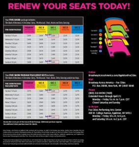 RENEW YOUR SEATS TODAY! Your FIVE-SHOW package includes: The Book of Mormon; A Christmas Story, The Musical; Once; Annie and Dirty Dancing. FIVE-show package  Premium*