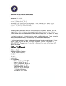 TVA RESTRICTED INFORMATION  Memorandum from the Office of the Inspector General September 29, 2014 James R. Dalrymple, LP 3K-C