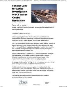 Senator Calls for Justice Investigation of SCE on San Onofre Renovation : Greentech Media