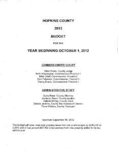 HOPKINS COUNTY, TEXAS ANNUAL BUDGET YEAR ENDED SEPTEMBER 30, 2013 TABLE OF CONTENTS Budget Amendment Policy. . . . . . . . . . . . . . . . . . . . . . . . . . . . . . . . . . . i-iii